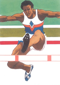 The original art for this postcard image featuring a track and field event, the hurdles, was painted by Robert Peak for a series of U.S. stamps commemorating the 1984 Summer Olympics.  The original unused card is for sale in The unltd.com Store.  